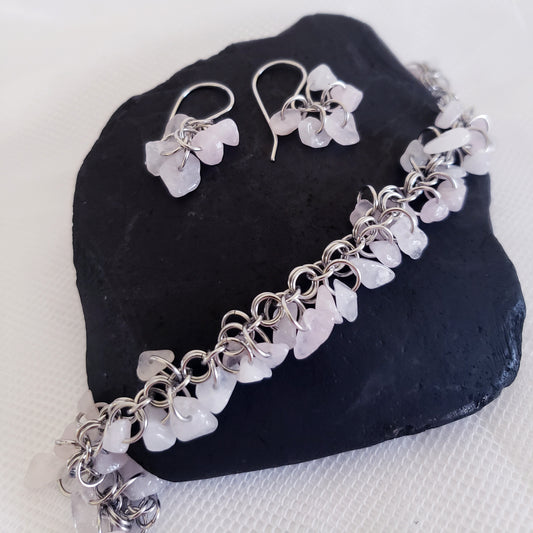 Rose Quartz Shaggy Bracelet & Earrings