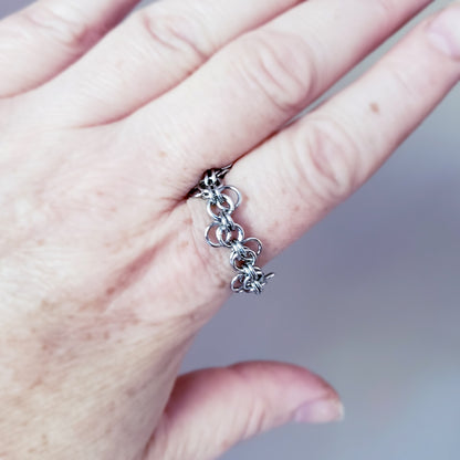 parrot safe jewelry, food grade stainless steel ring, handmade in the 'Forget Me Knot" chainmaille weave